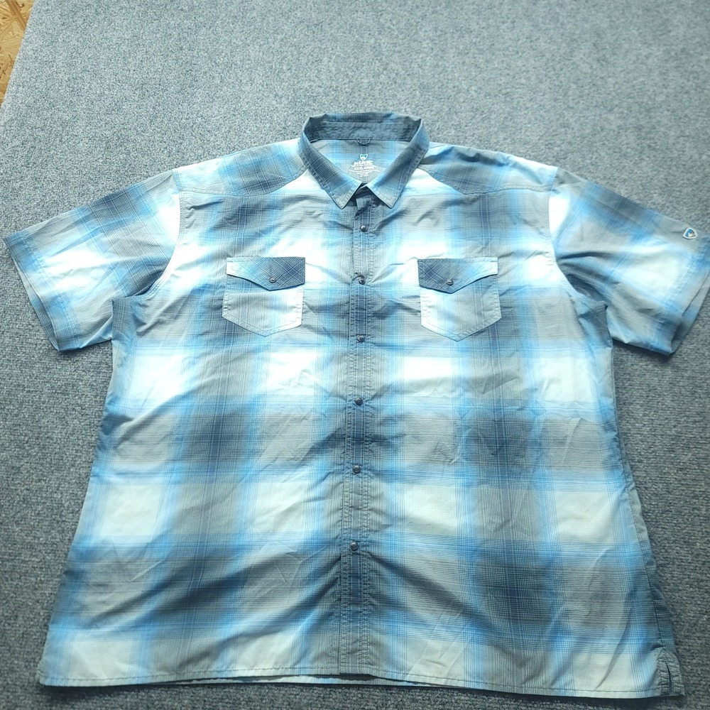 Kuhl Mens 3XL Blue Grey Plaid Short Sleeve Snap Front Hiking Shirt 7489